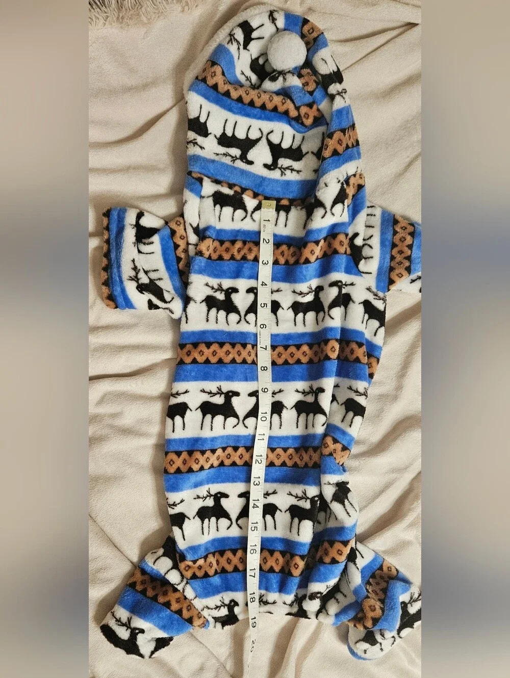 Reindeer Print Fleece Dog Pajamas - Blue, White, Black, Tan